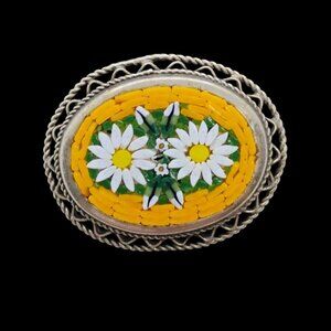 Vtg Italy Alpacca Micro Mosaic Brooch Pin Yellow White Daisies Filigree Setting